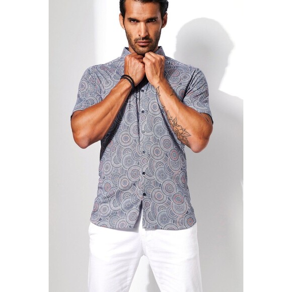 Desoto Short-Sleeved Sport Shirt in Cornflower Blue Mosaic-Tile Print Slim XL - Picture 11 of 11